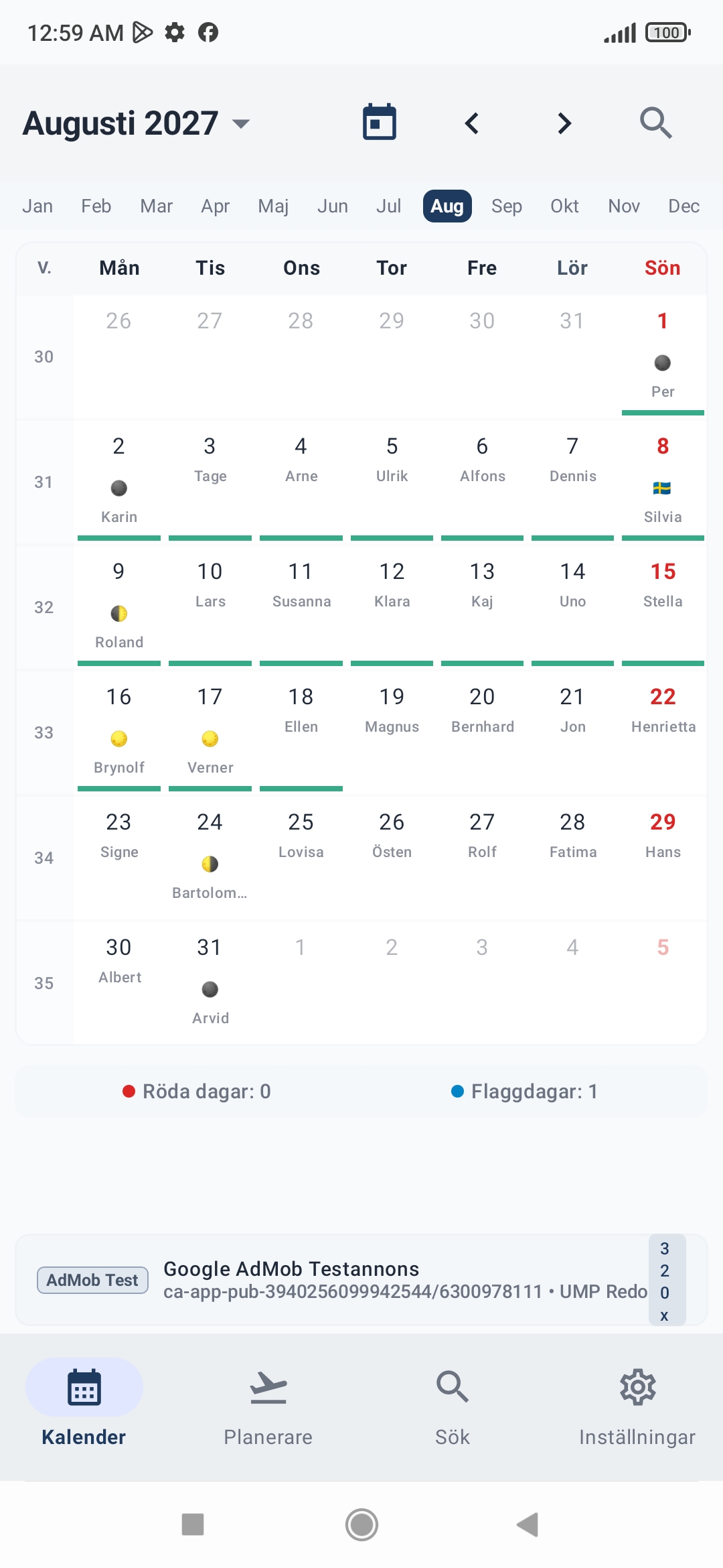 Kalender app 2027 – veckovy med namnsdagar
